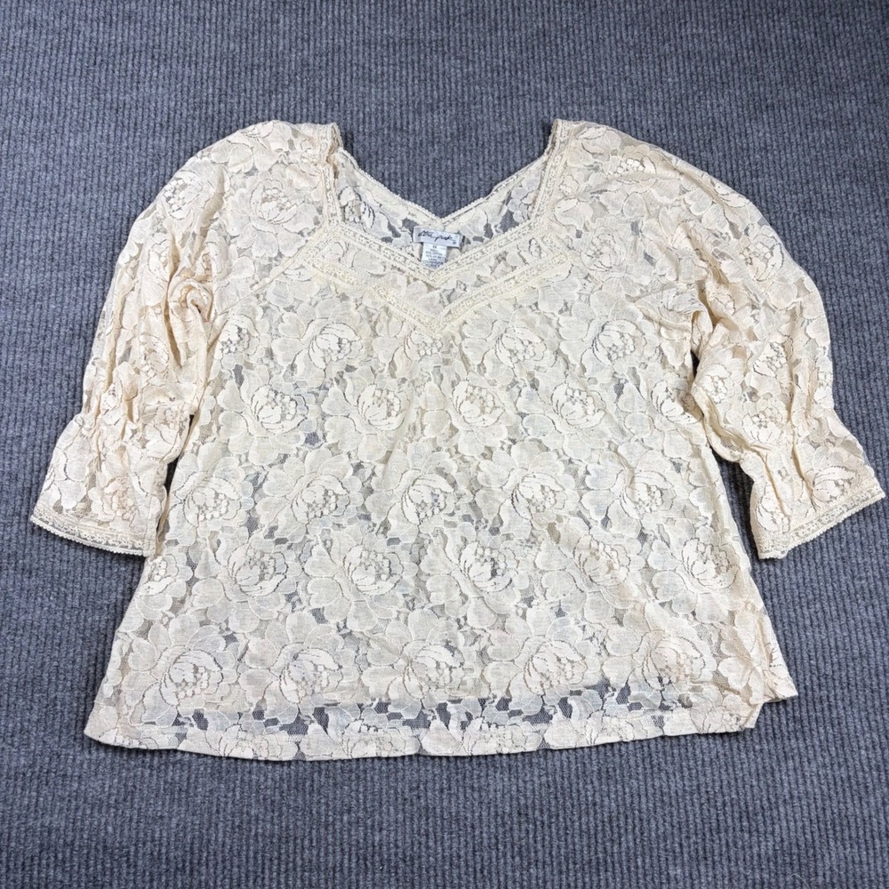 Ultra Pink Blouse Womens 1X Cream Floral Lace V-Neck 3/4 Sleeve Top Boho Cream
